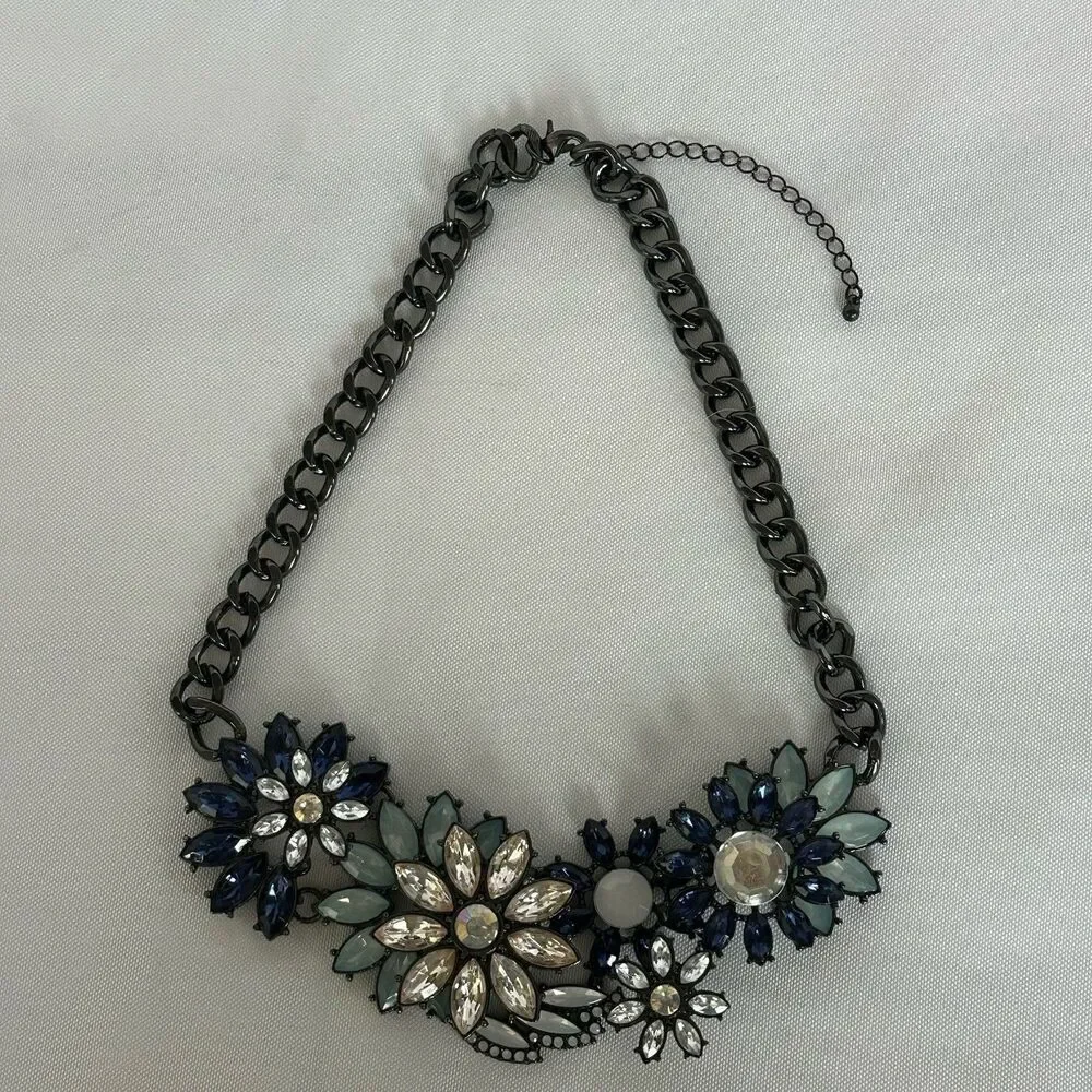Joan Rivers Statement Necklace Rhinestone Blue Flowers Gunmetal Chain with Clasp